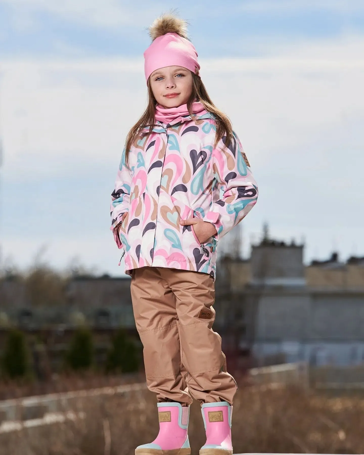 3-In-1 Mid-Season Outerwear Set With Printed Jacket Light Pink And Beige Pant