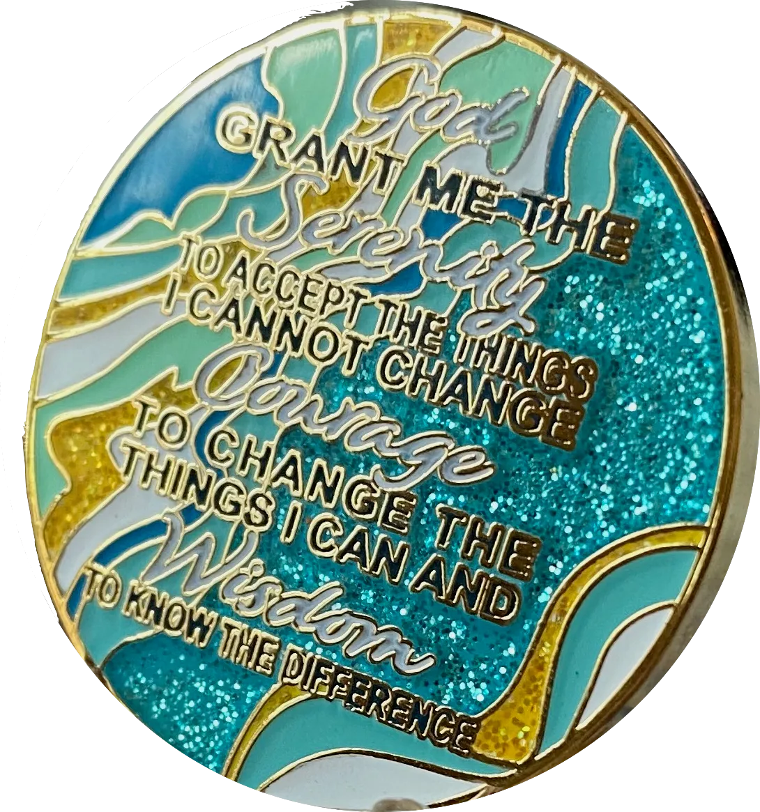 9 Year AA Medallion Elegant Caribbean Aqua Glitter Teal Marble Gold Sobriety Chip