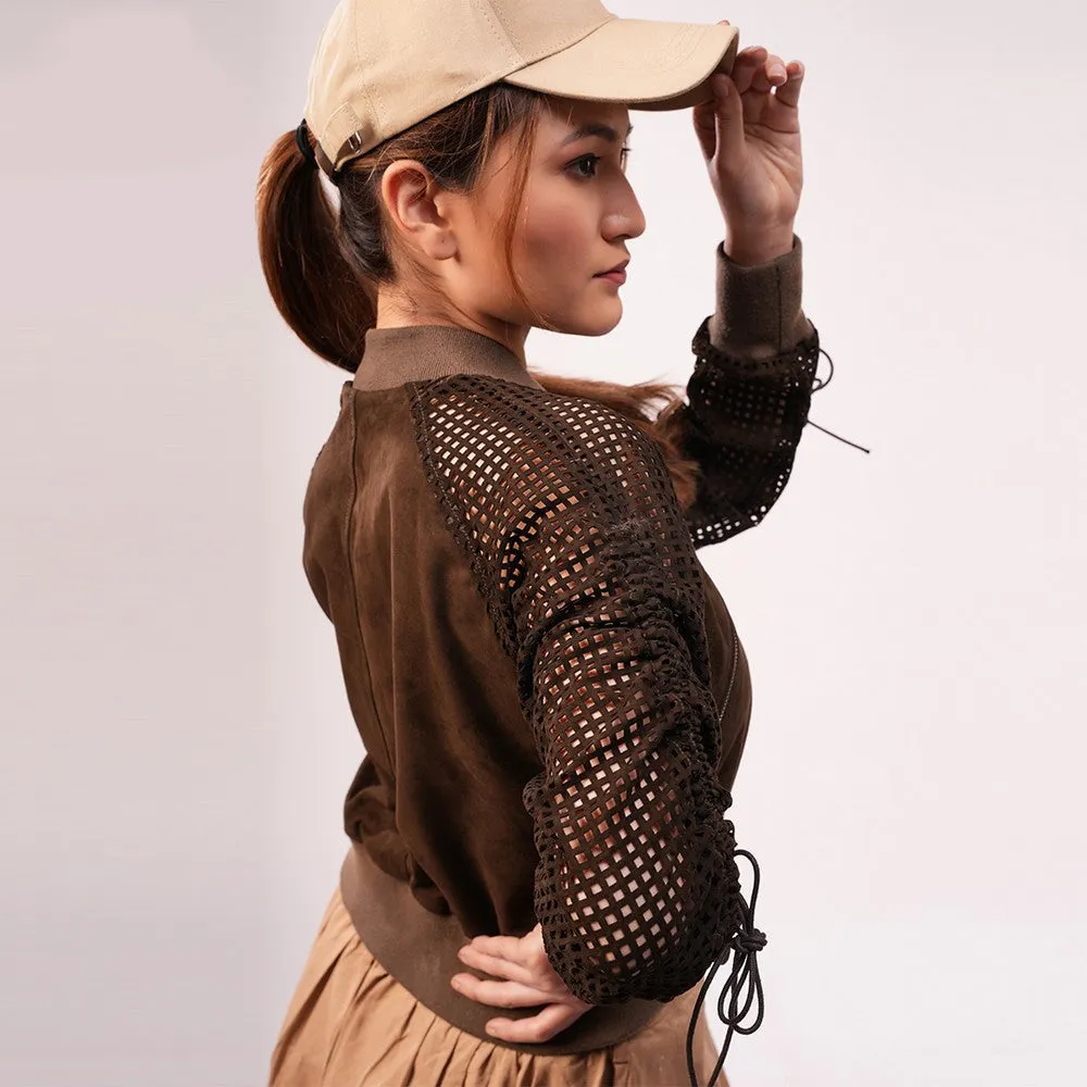 90 Feet Leela Perforated Suede Dark Olive Jacket for Women