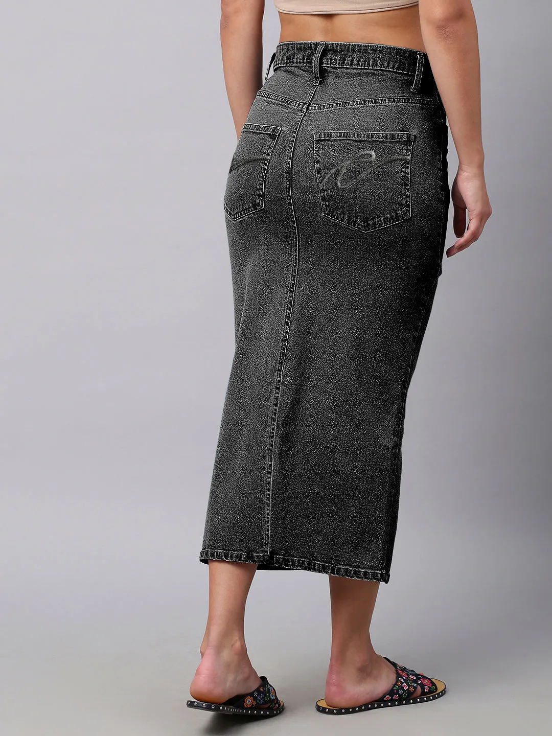 ACID WASH DENIM 5 POCKET FRONT SLIT PENCIL SKIRT