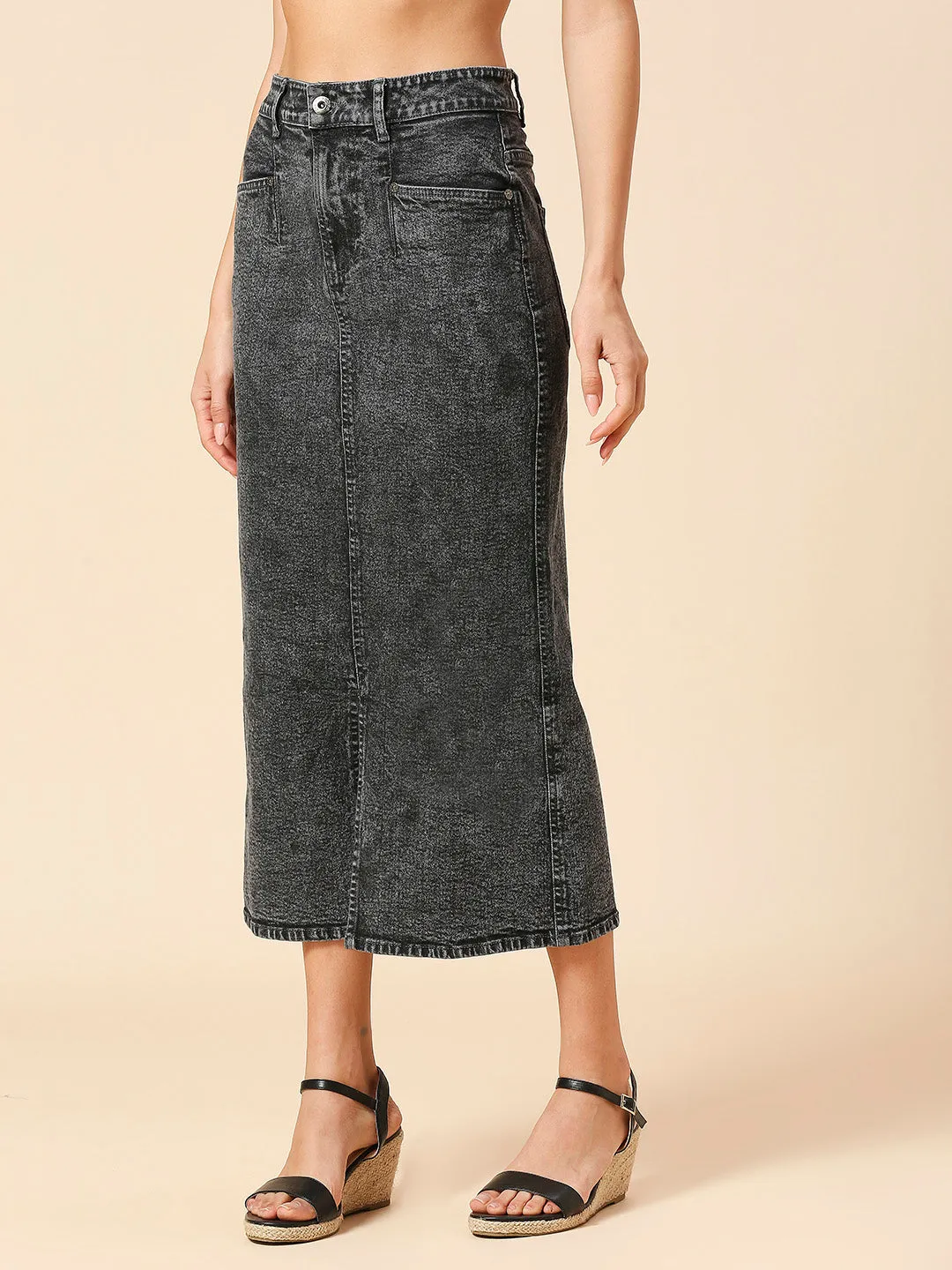 ACID WASH DENIM 5 POCKET FRONT SLIT PENCIL SKIRT