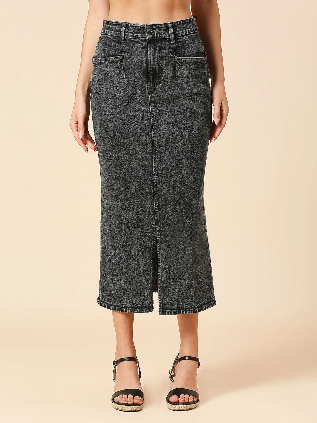 ACID WASH DENIM 5 POCKET FRONT SLIT PENCIL SKIRT