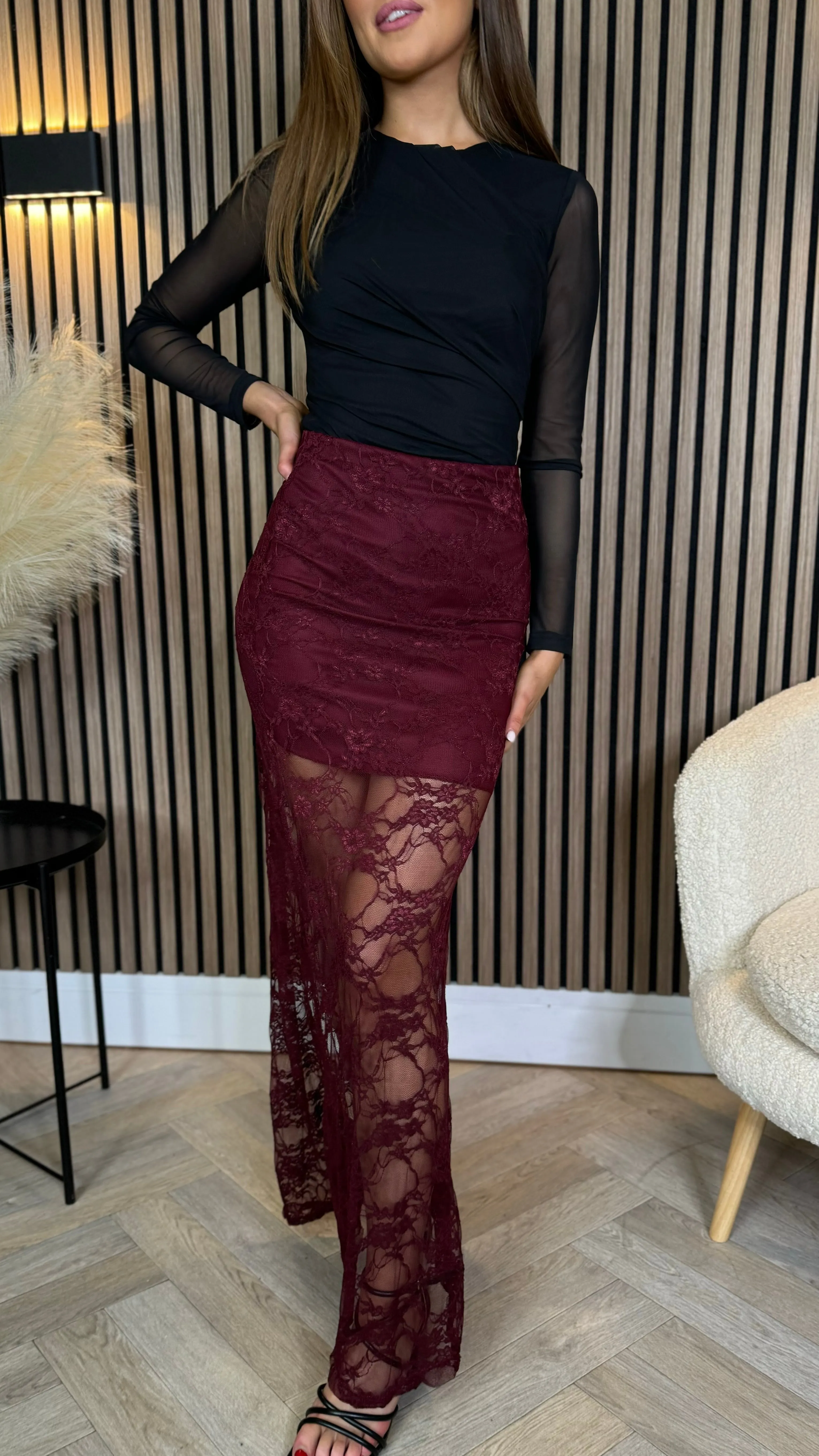 Anneke Burgundy Lace Detail Midi Skirt