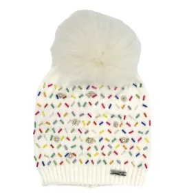 Bari Lynn Sprinkle & Jeweled Hat with Fur Pom - Ivory