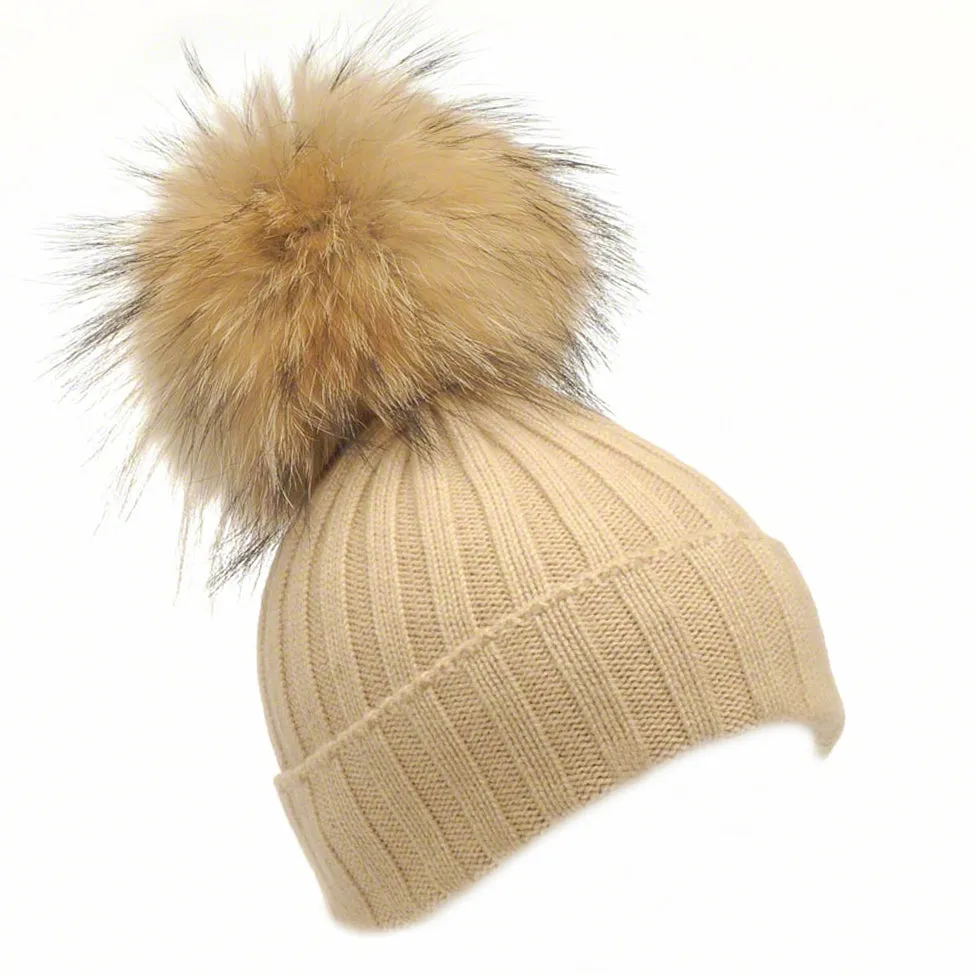 Beanie/Raccoon PomPom - Caramel