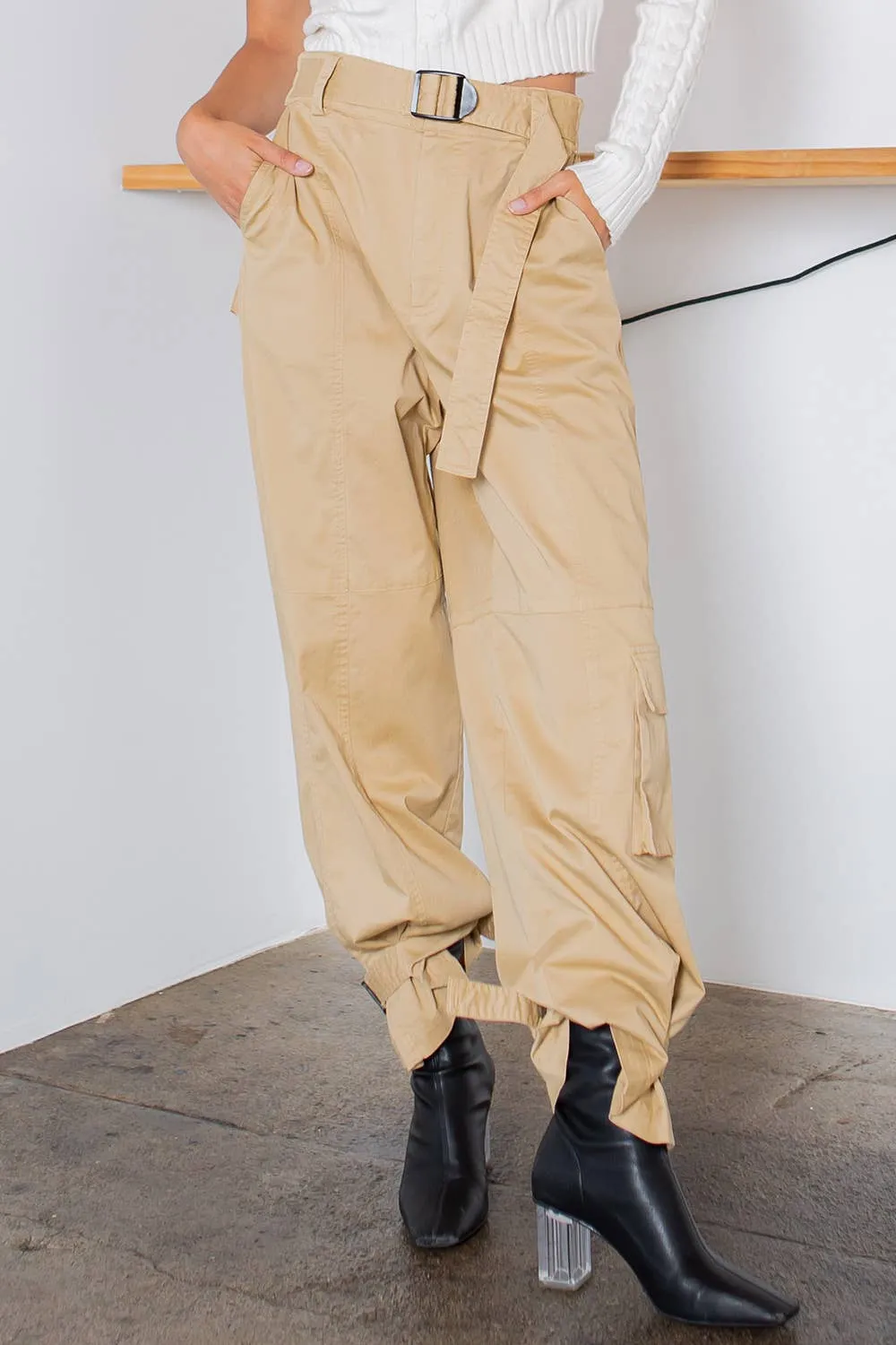 BELTED COTTON CARGO PANTS