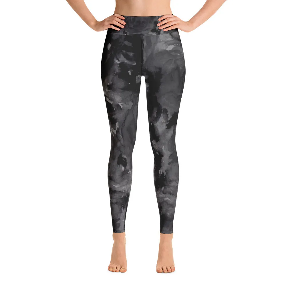 Black Abstract Yoga Leggings, Women's Rose Floral Print Yoga Leggings - Made in USA/EU