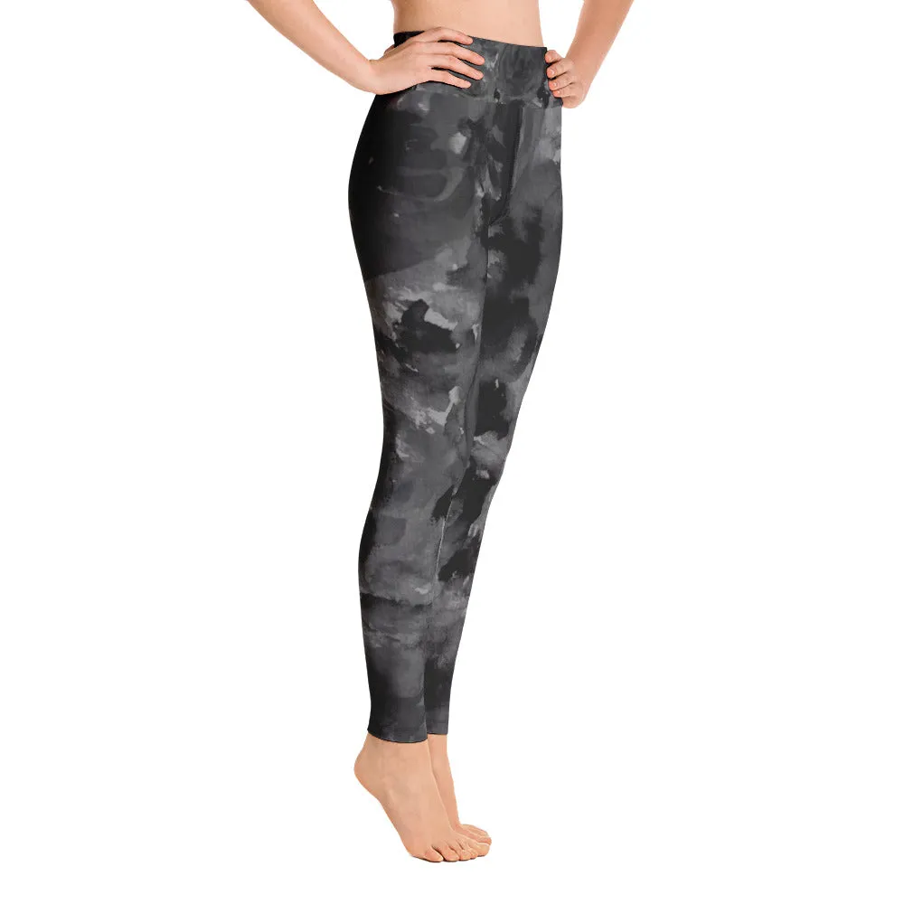 Black Abstract Yoga Leggings, Women's Rose Floral Print Yoga Leggings - Made in USA/EU