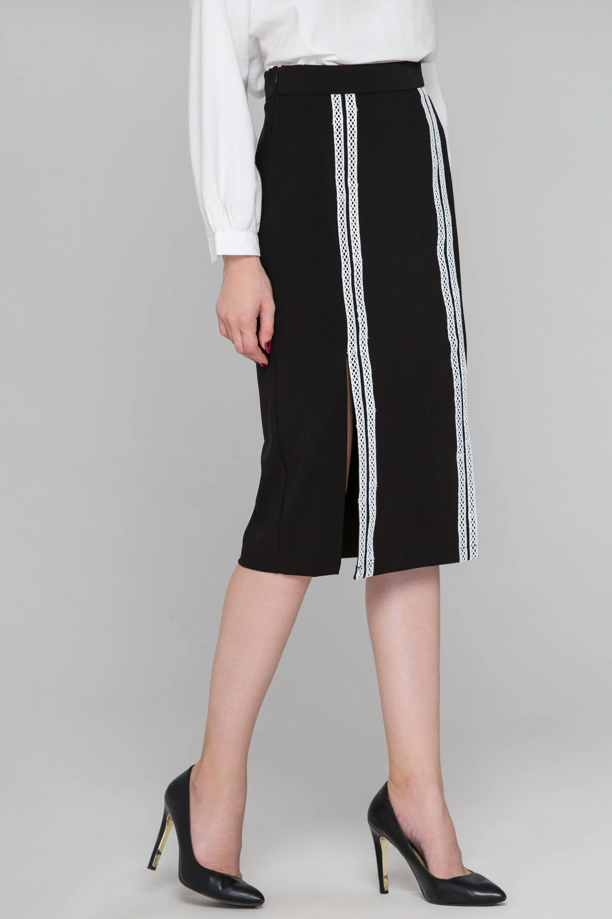 Black Double Front Slit Pencil Skirt