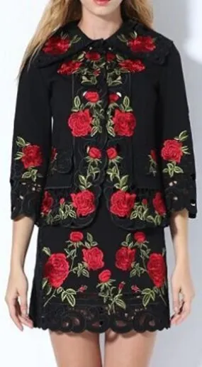 Black Floral Embroidered Cut-Out Jacket and Skirt Set