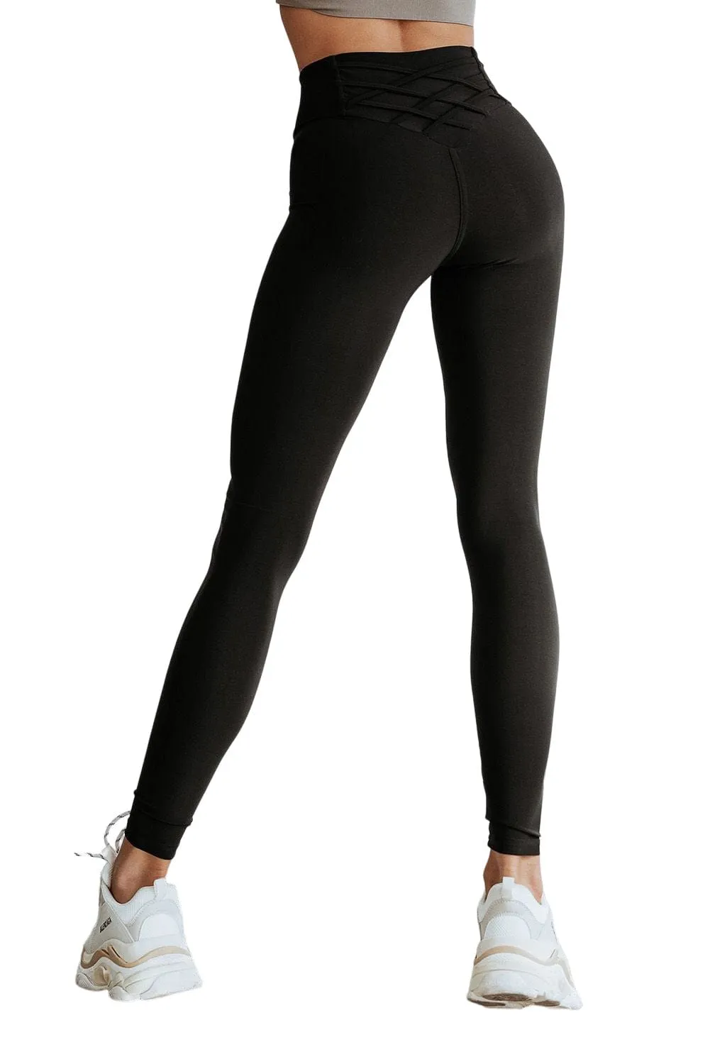 Black High Waist Tummy Control Leggings with Crisscross Detail