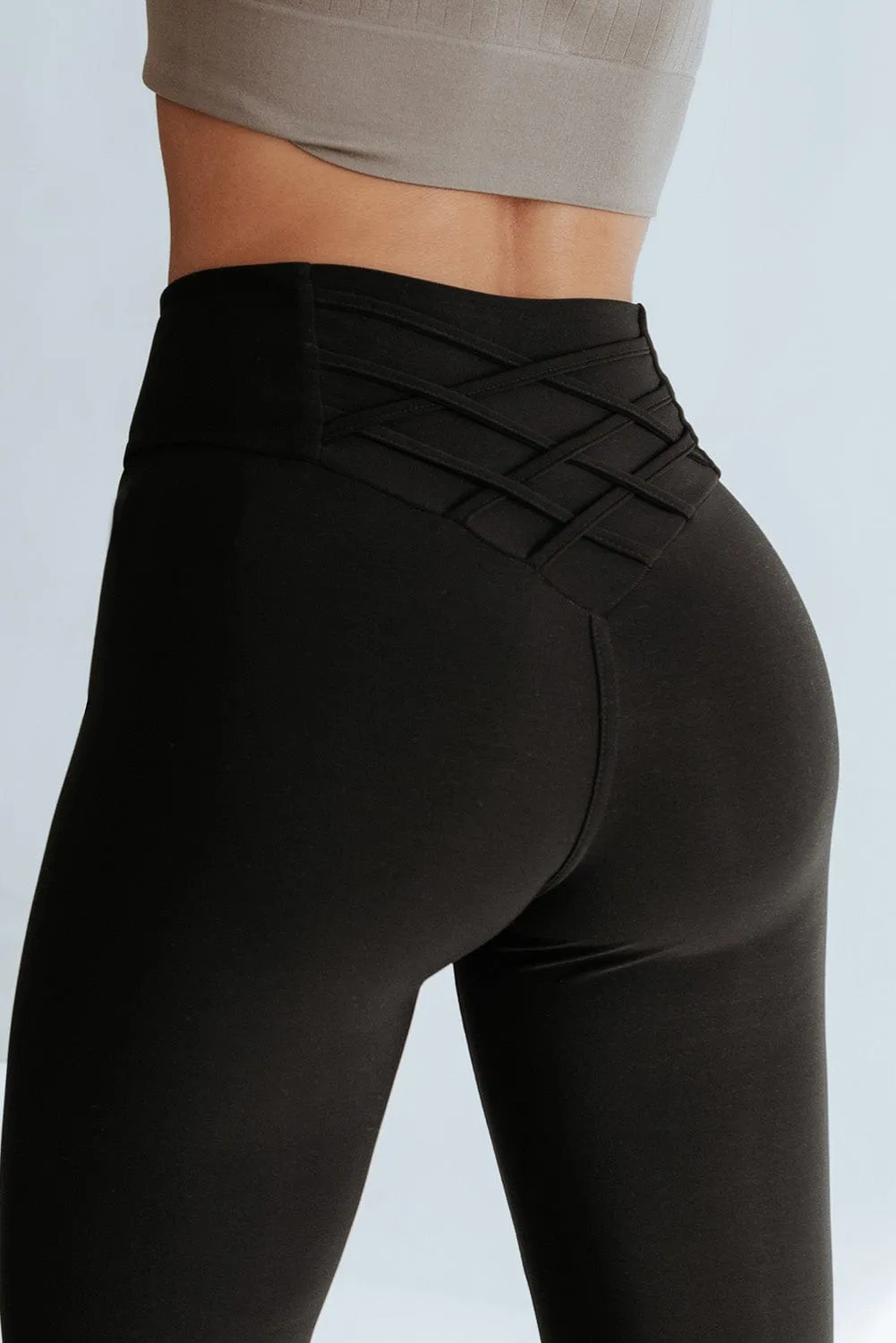 Black High Waist Tummy Control Leggings with Crisscross Detail