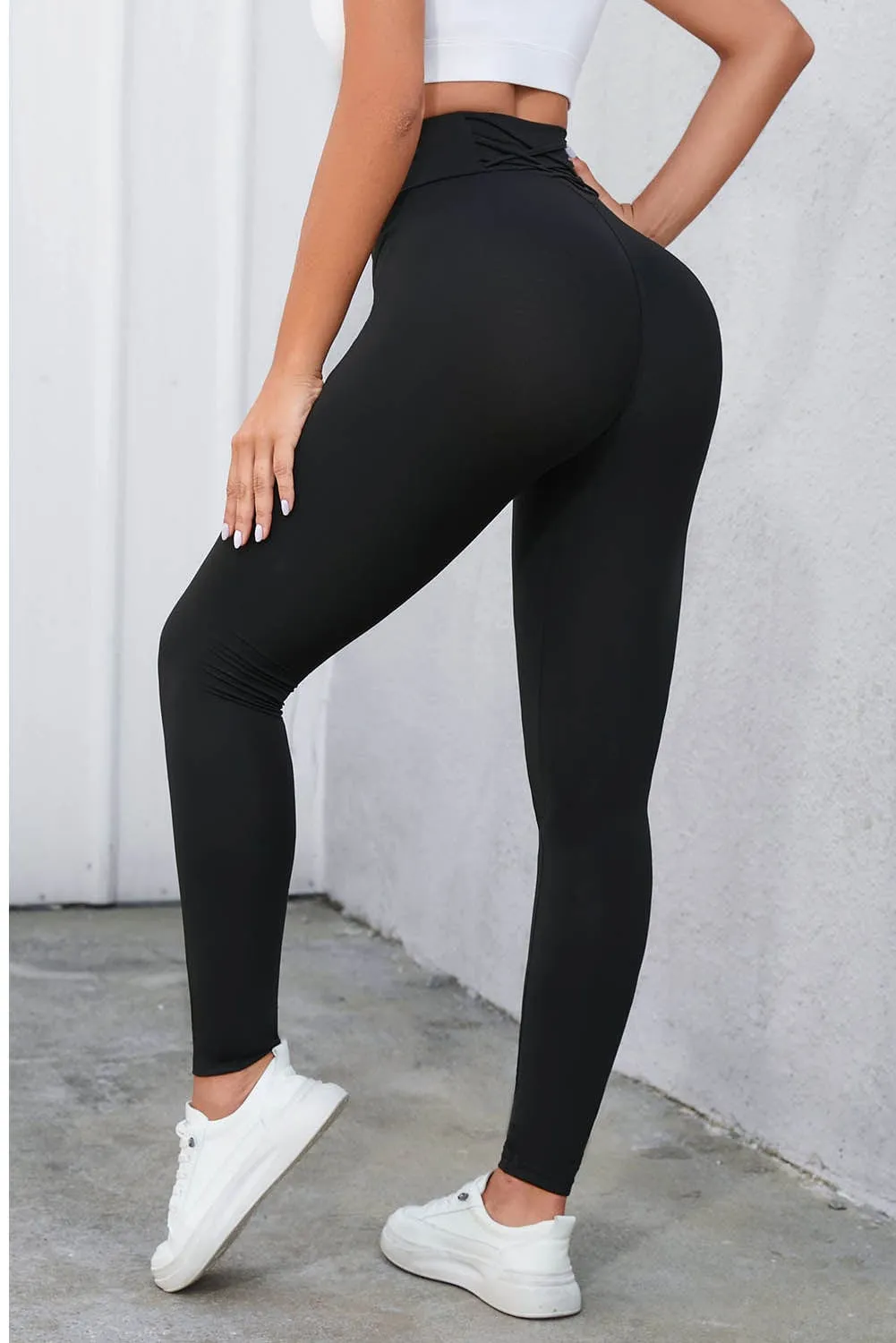 Black High Waist Tummy Control Leggings with Crisscross Detail