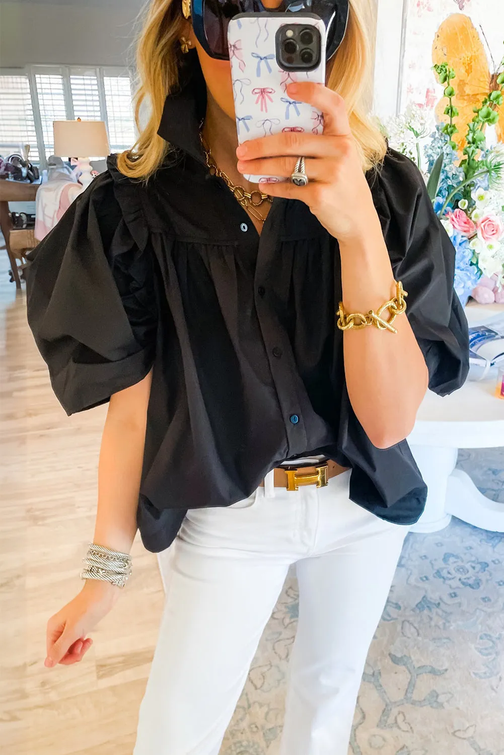 Black Ruched Puff Sleeve Loose Shirt