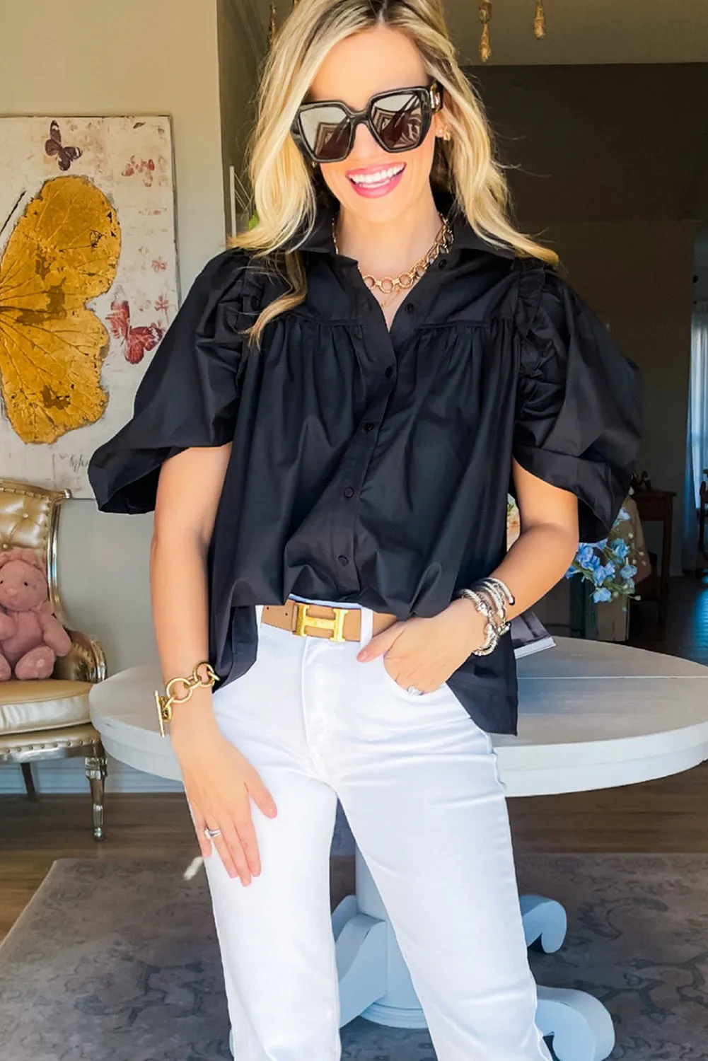 Black Ruched Puff Sleeve Loose Shirt