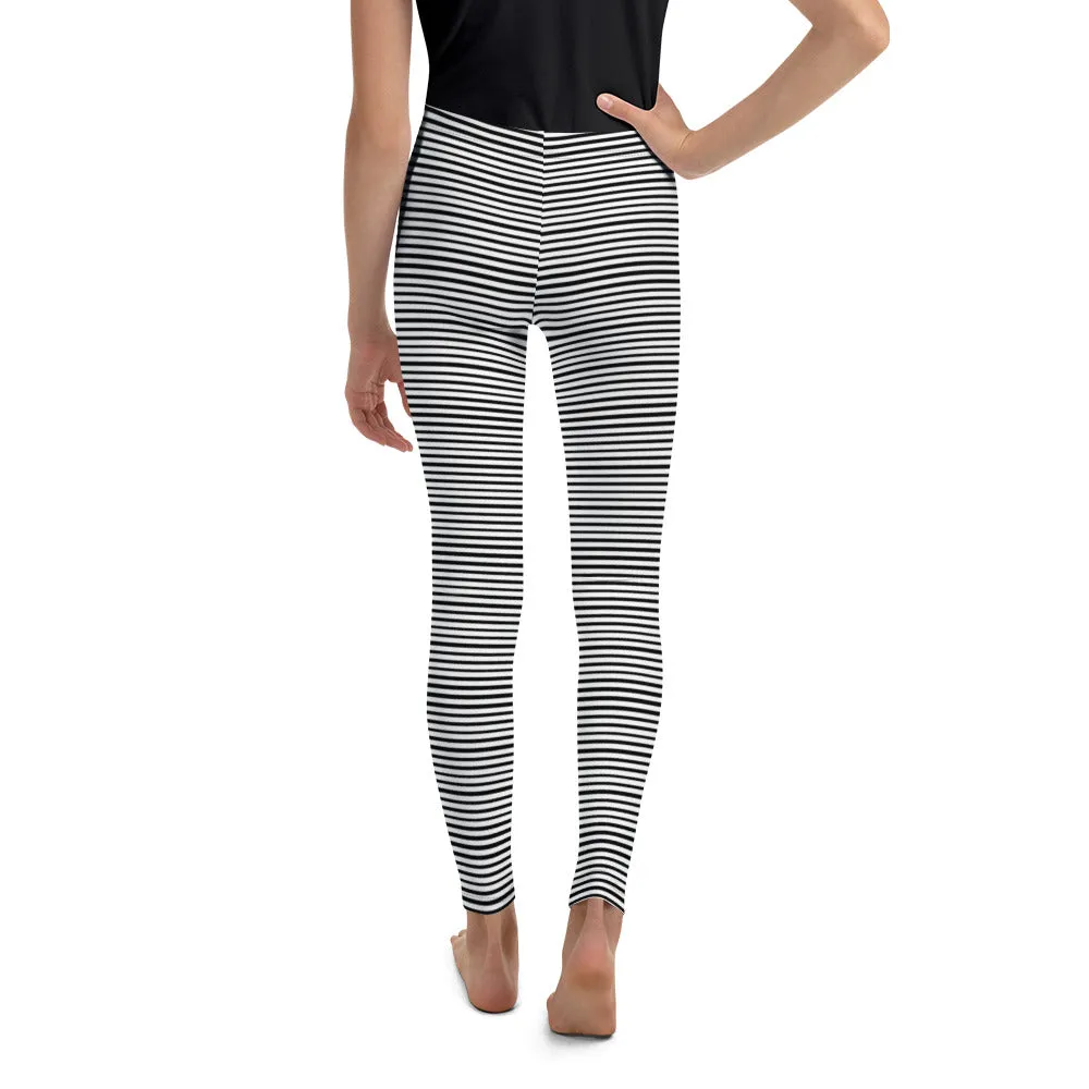 Black Striped Youth Leggings, Horizontal Stripe Premium Girl's Tights- Made in USA/ EU