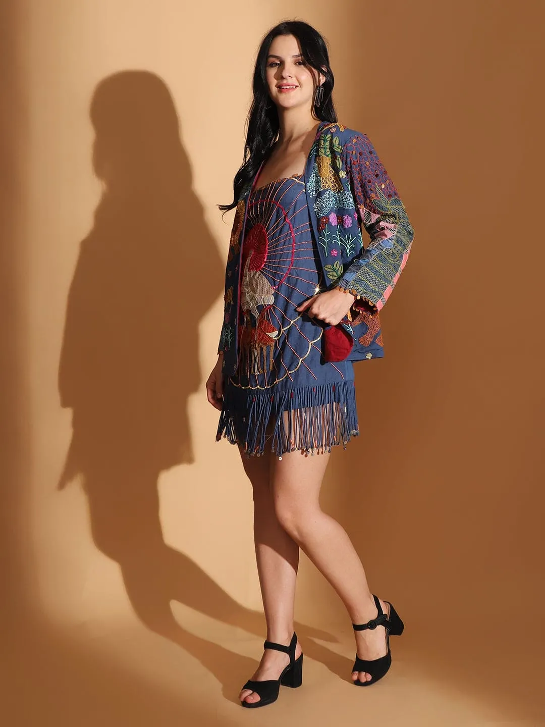 Blue Gond Artwork Dress With Overlay Jacket