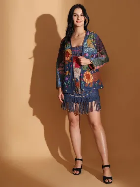 Blue Gond Artwork Dress With Overlay Jacket