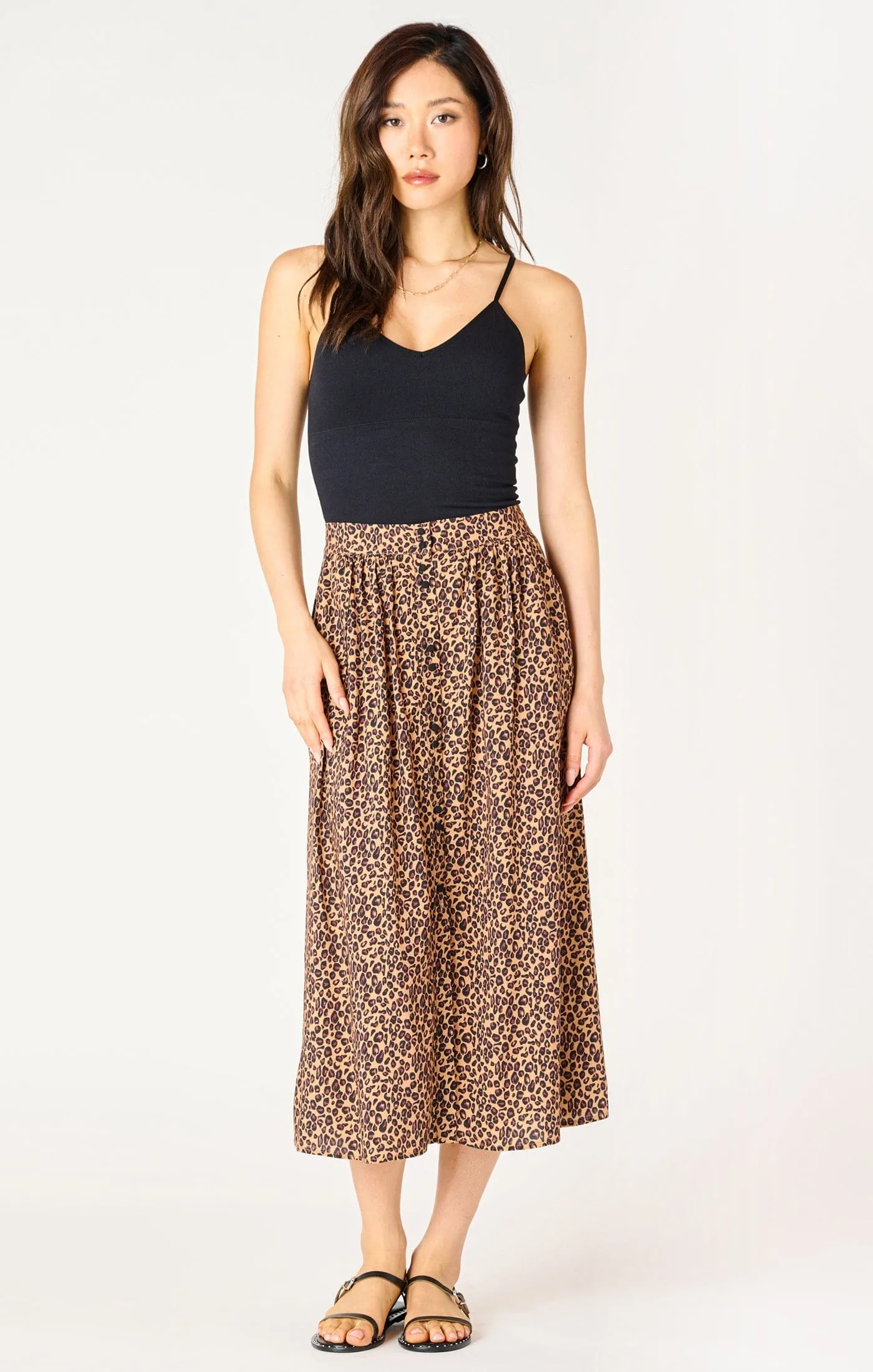 BUTTON FRONT LEOPARD MIDI SKIRT