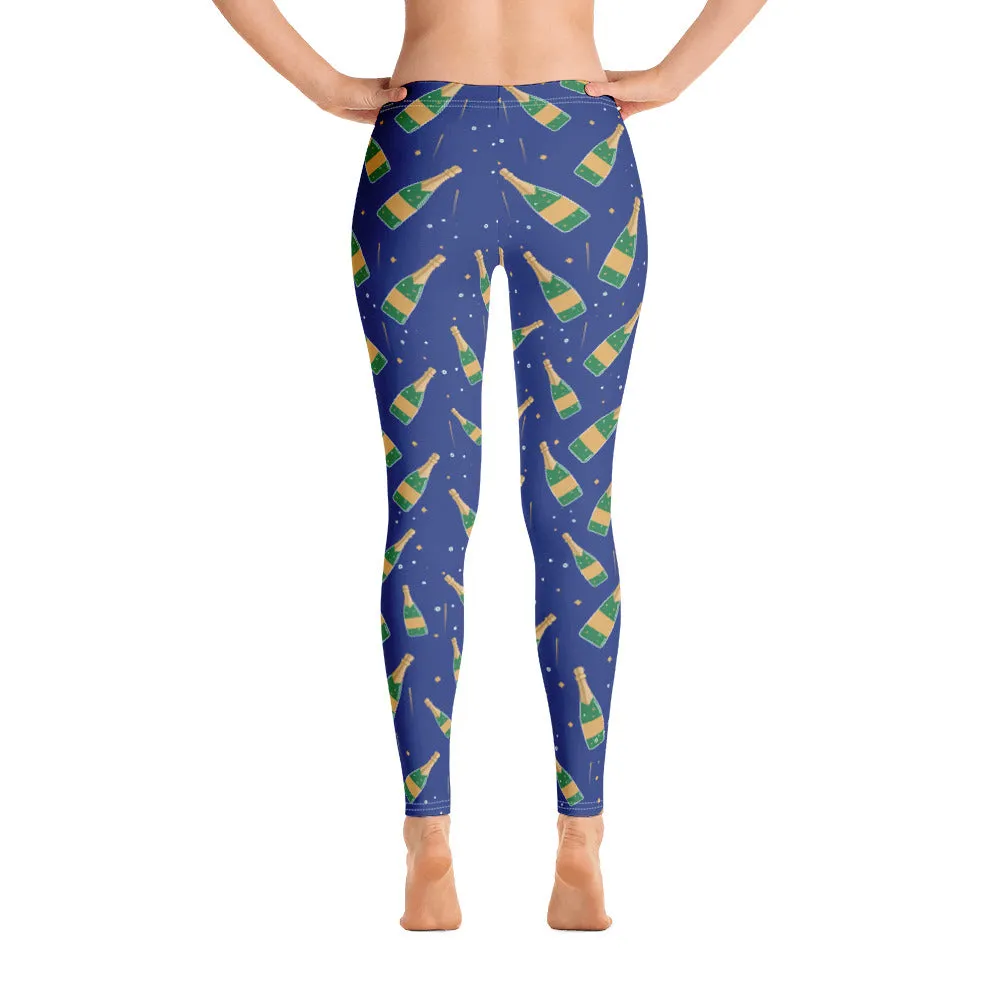 Champagne Bottle Print Leggings, Wine Glass Blue Printed Yoga Pants Running Party Bride Bridesmaid Fitness Women