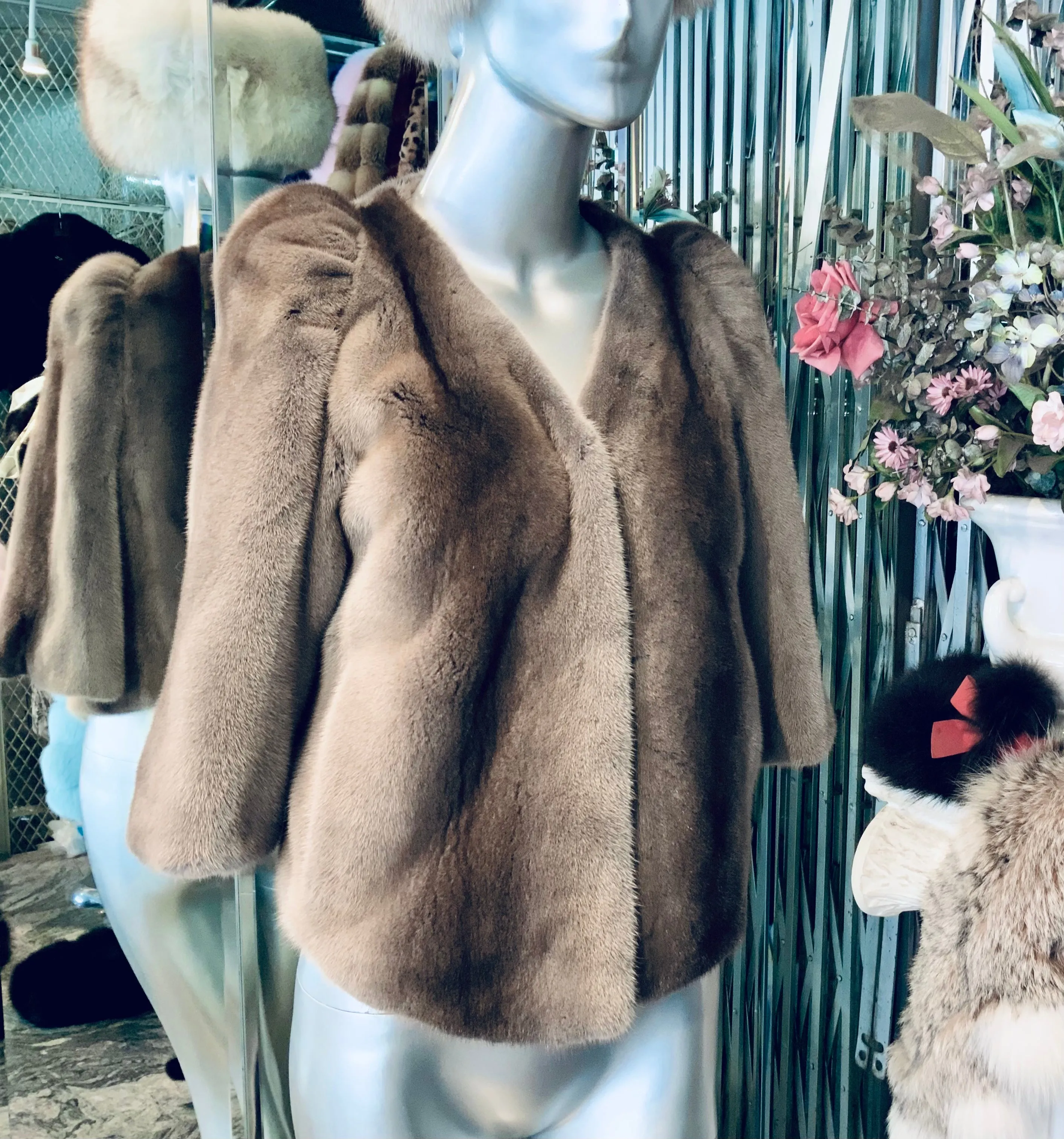 Champagne Taupe Beige Mink Fur Bolero Ruched Shoulders