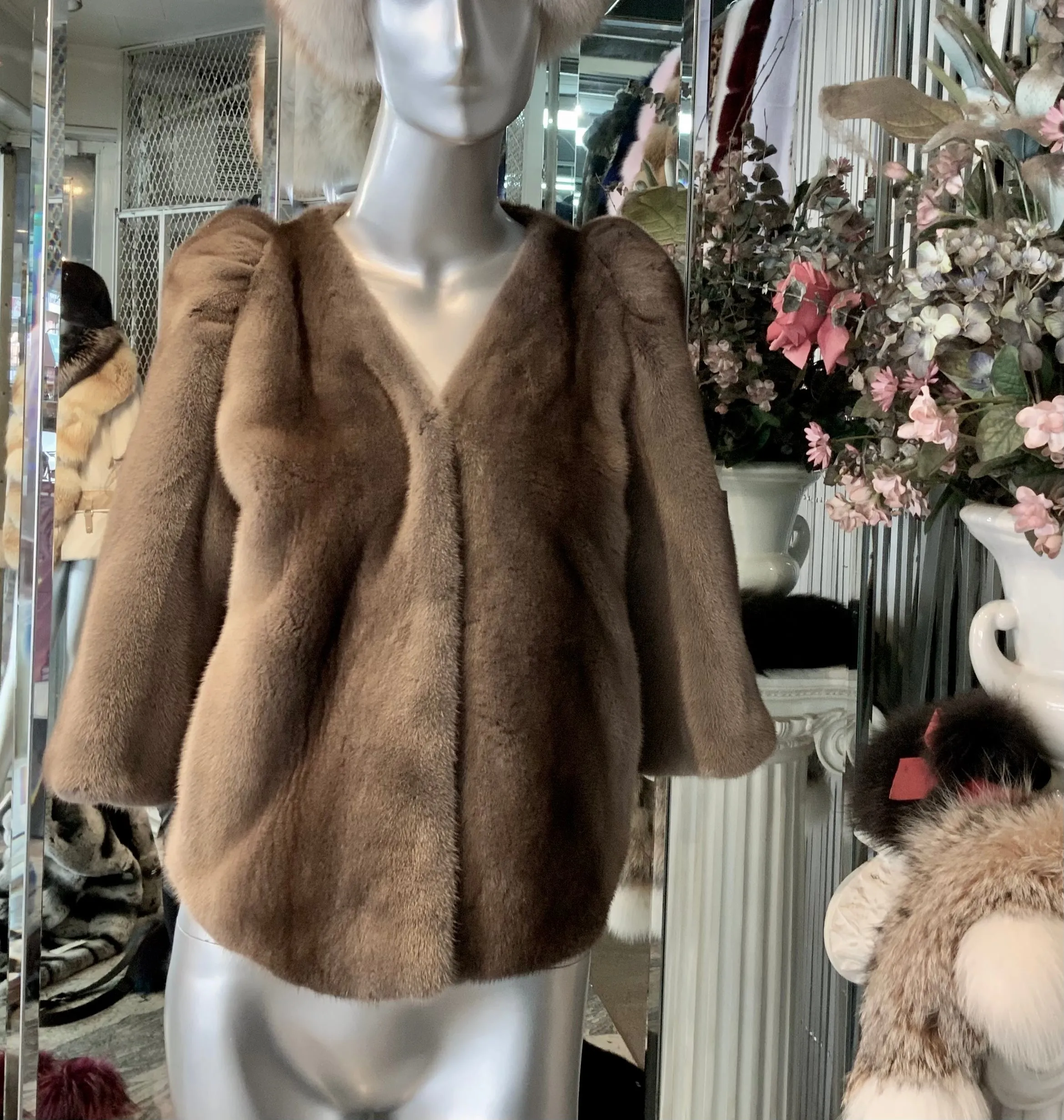 Champagne Taupe Beige Mink Fur Bolero Ruched Shoulders