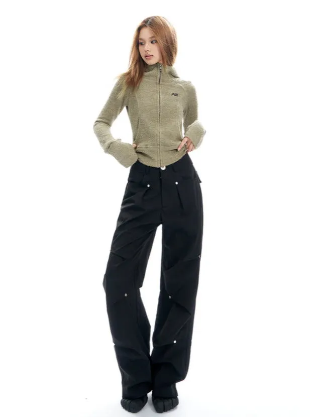 Charcoal Cargo-Style Wide-Leg Pants