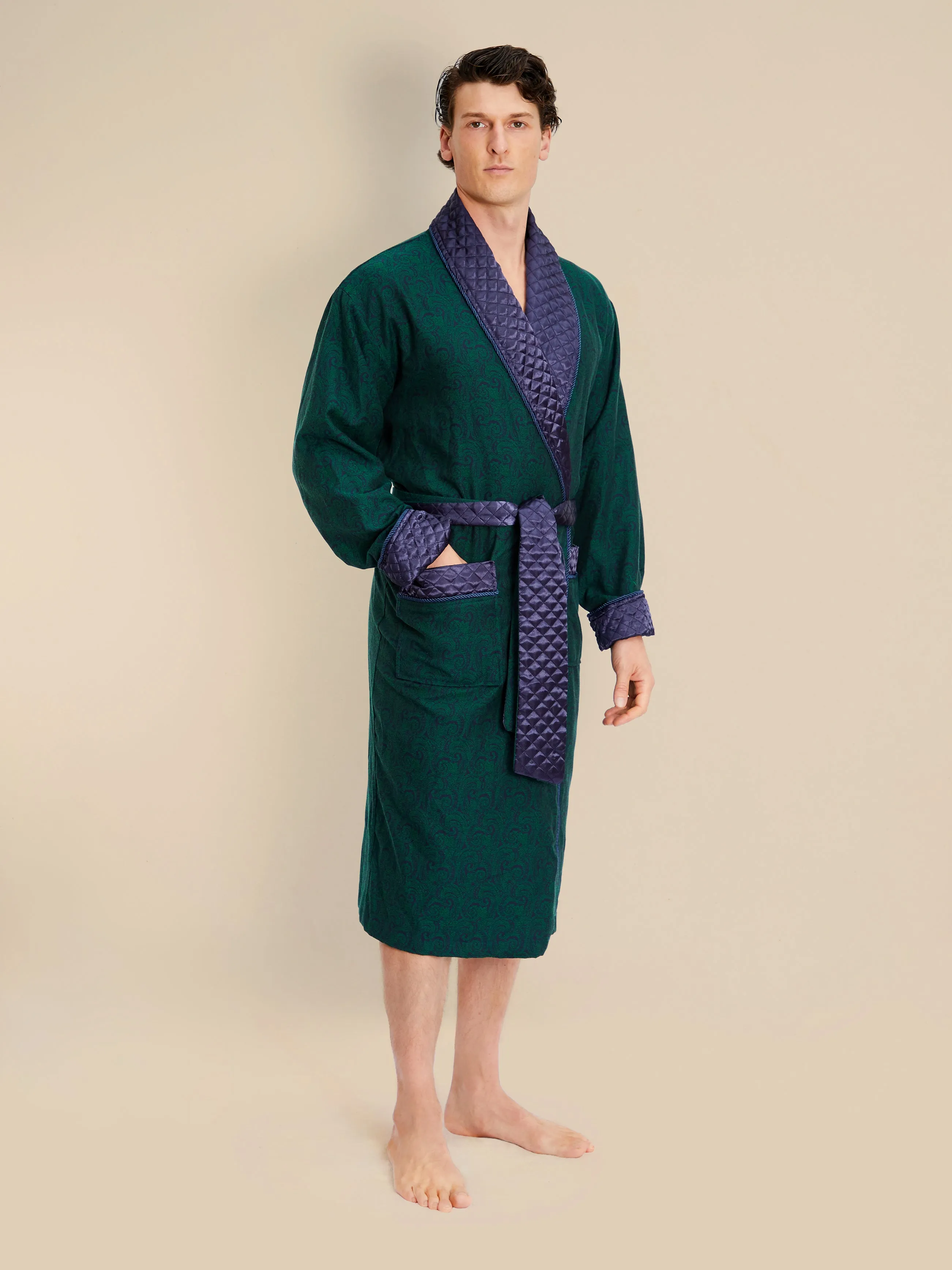 Connaught Long Velvet Smoking Jacket Robe in Green