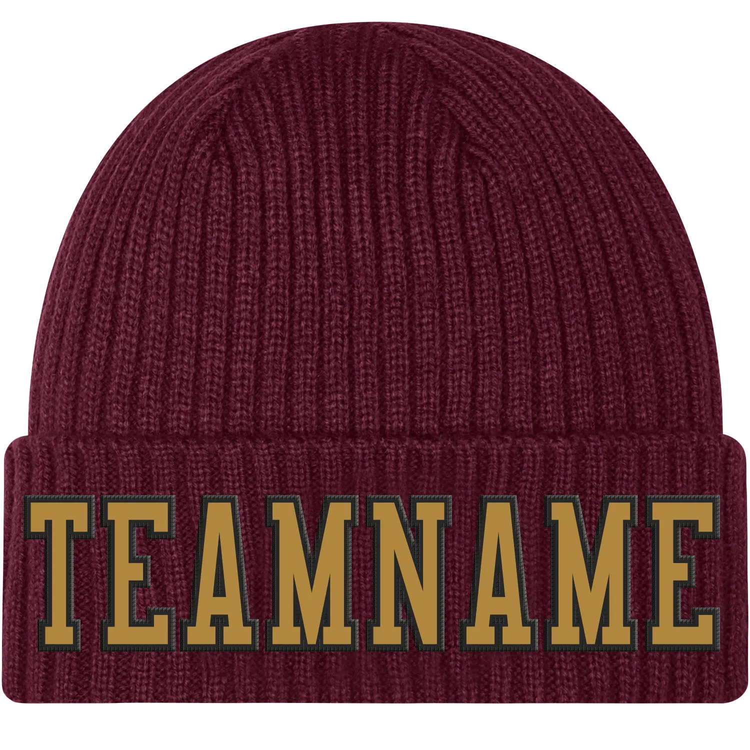 Custom Burgundy Old Gold-Black Stitched Cuffed Knit Hat