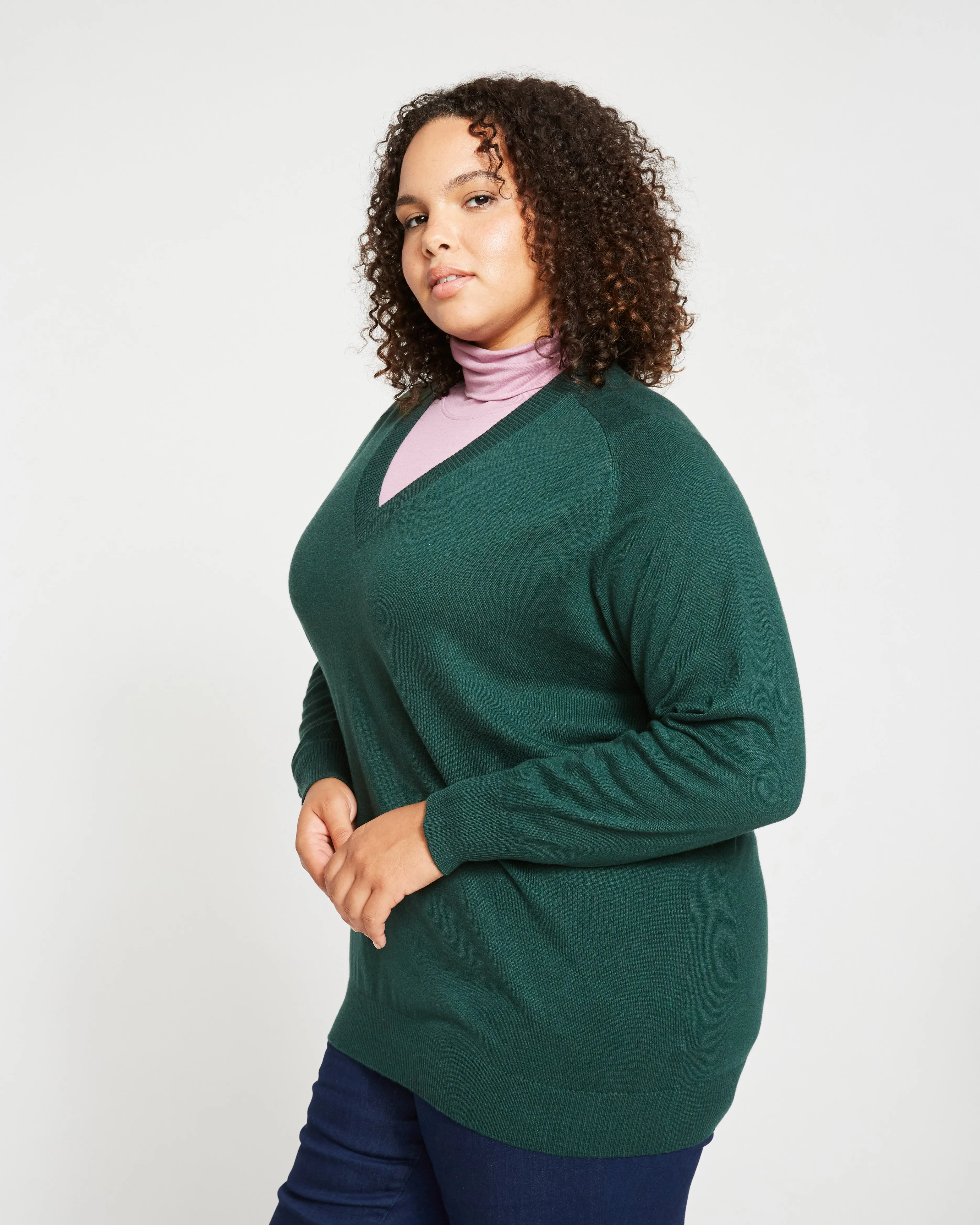 Eco Relaxed Core V Neck Sweater - Heather Forest