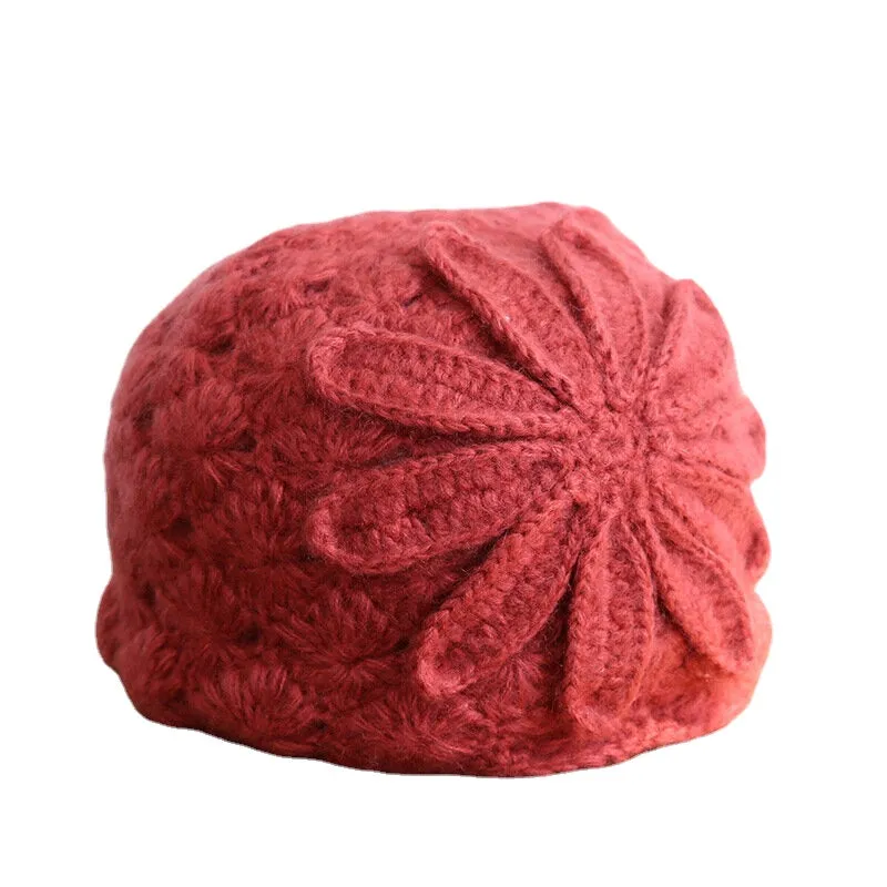 Ethnic Style Handmade Knitted Wool Hat Women Retro Elegant Flower Beret Beanie