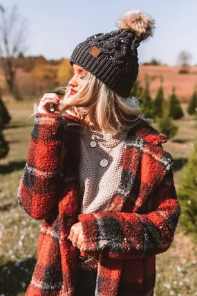 Fall Hike Faux Fur Pom Beanie in Charcoal