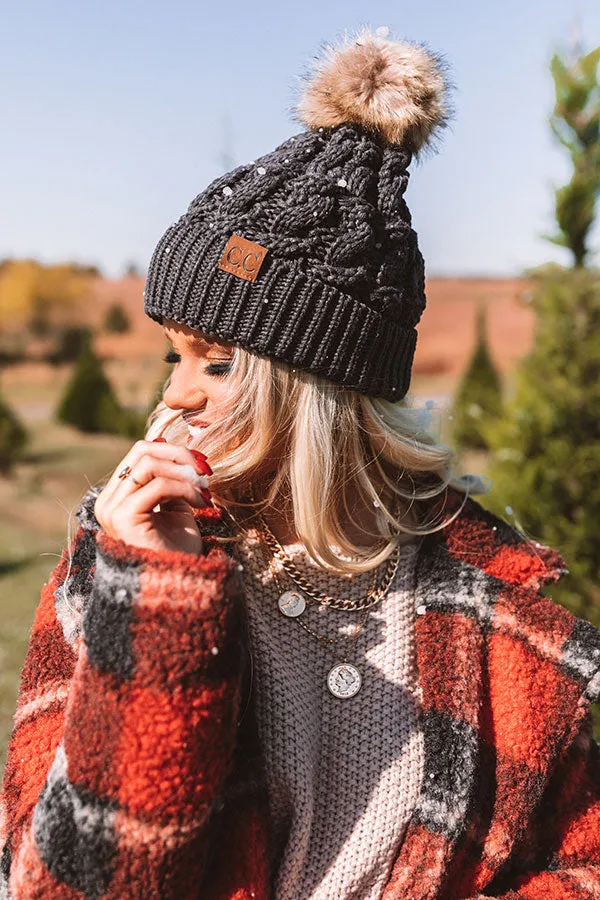 Fall Hike Faux Fur Pom Beanie in Charcoal