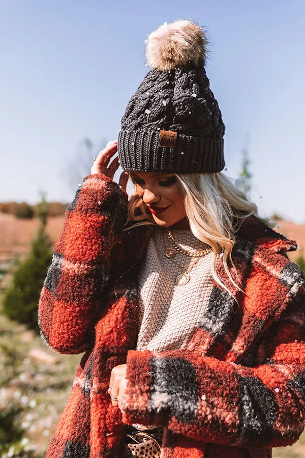 Fall Hike Faux Fur Pom Beanie in Charcoal