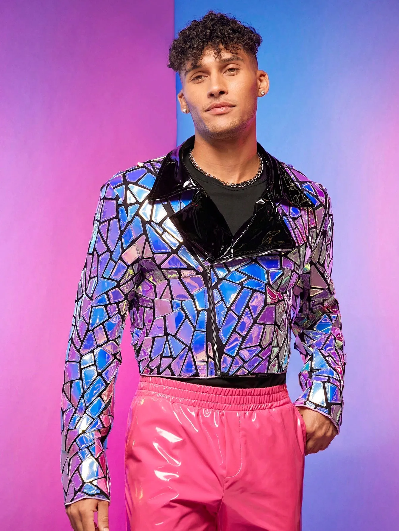 Fever City Men Holographic Geo Biker Jacket