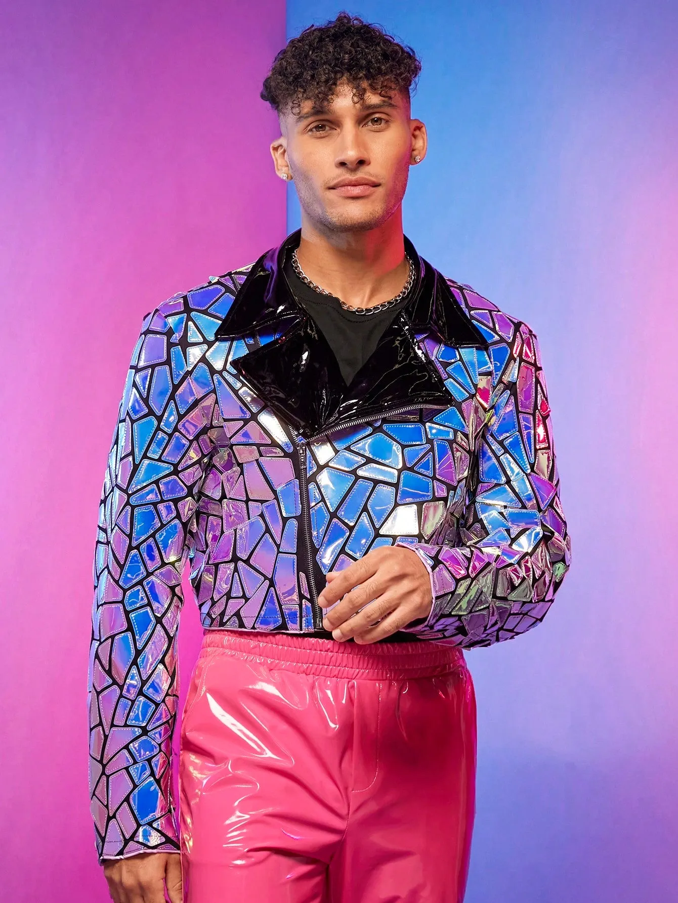 Fever City Men Holographic Geo Biker Jacket