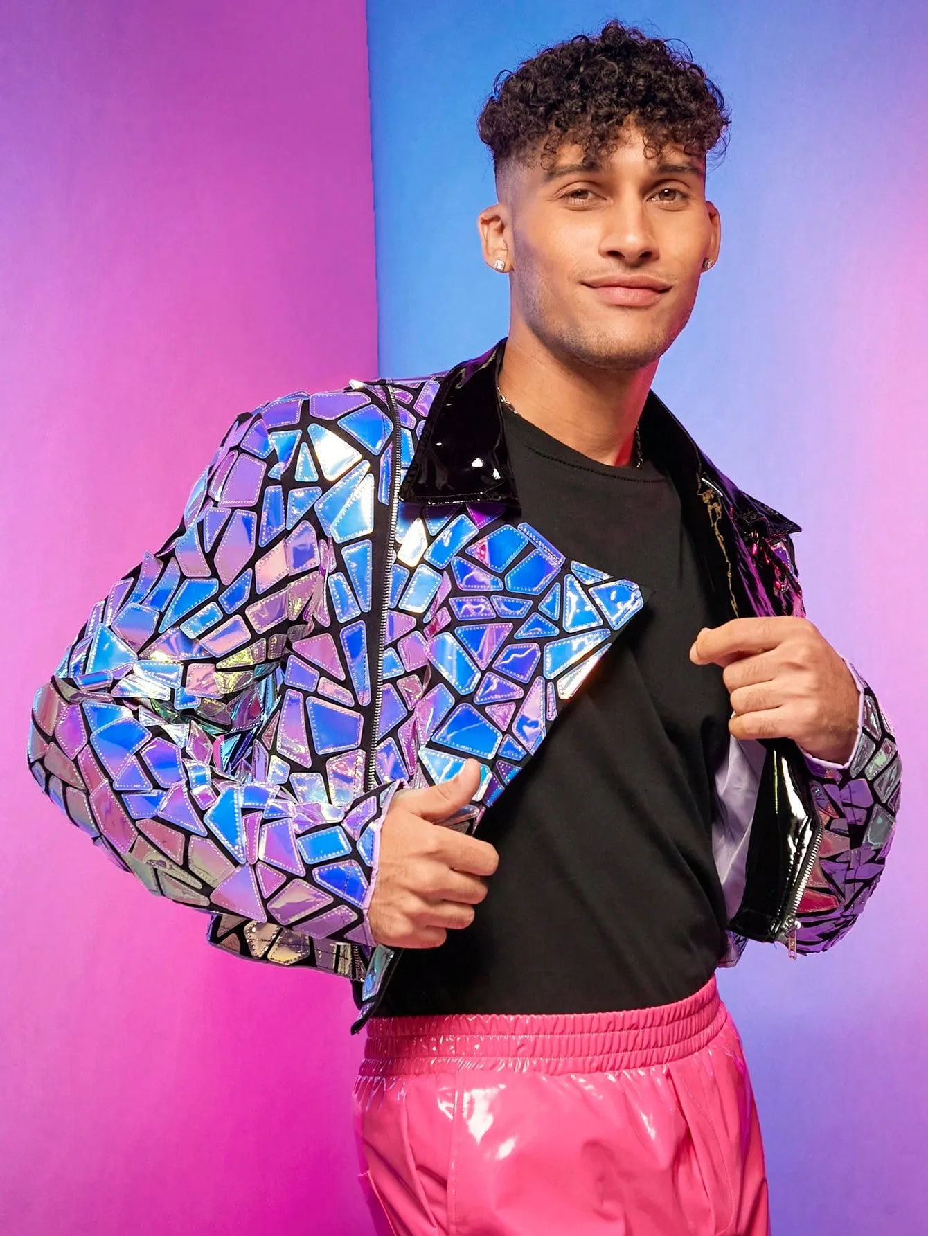 Fever City Men Holographic Geo Biker Jacket