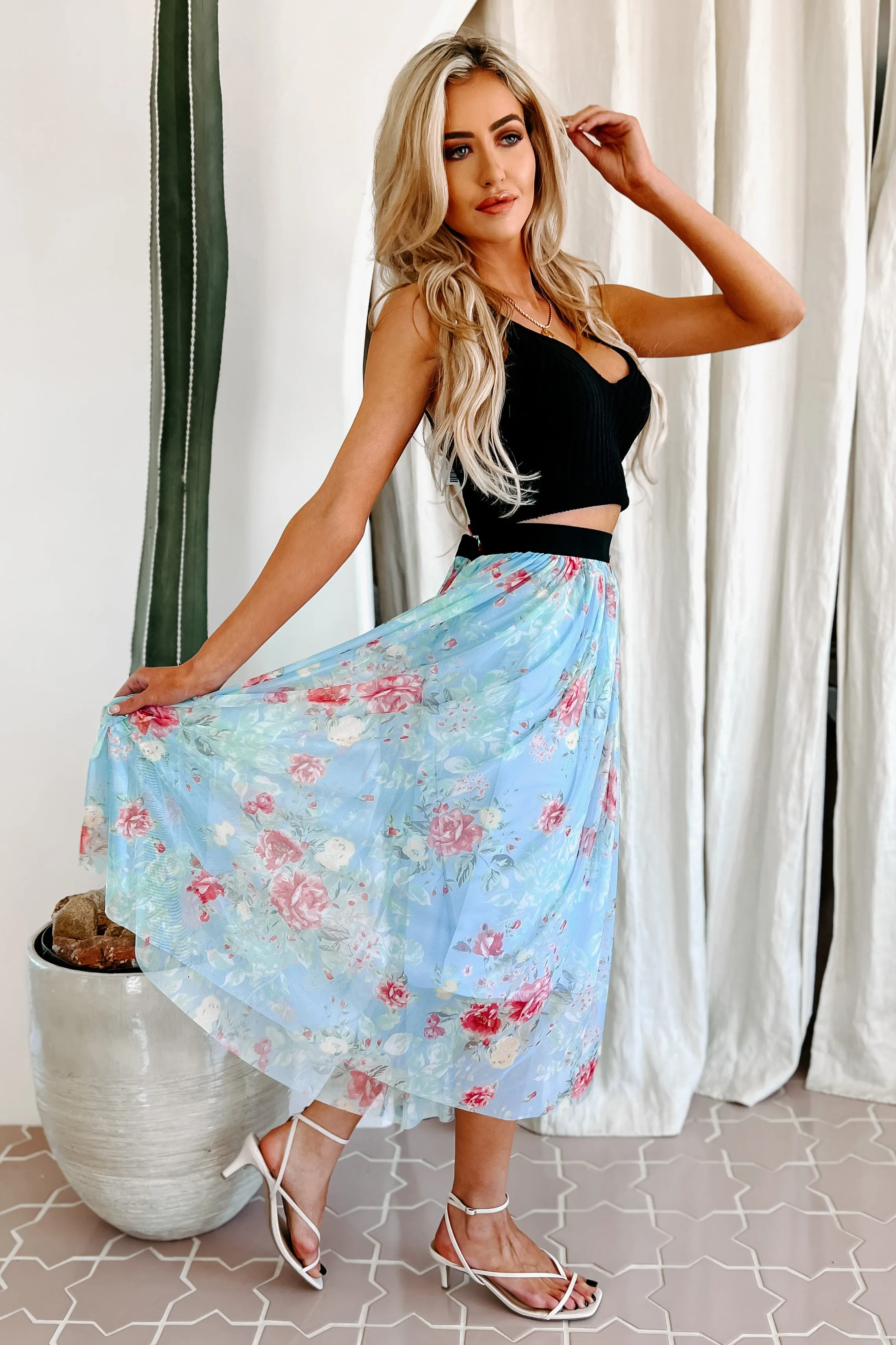 Floral Fixation Floral Midi Skirt (Blue)