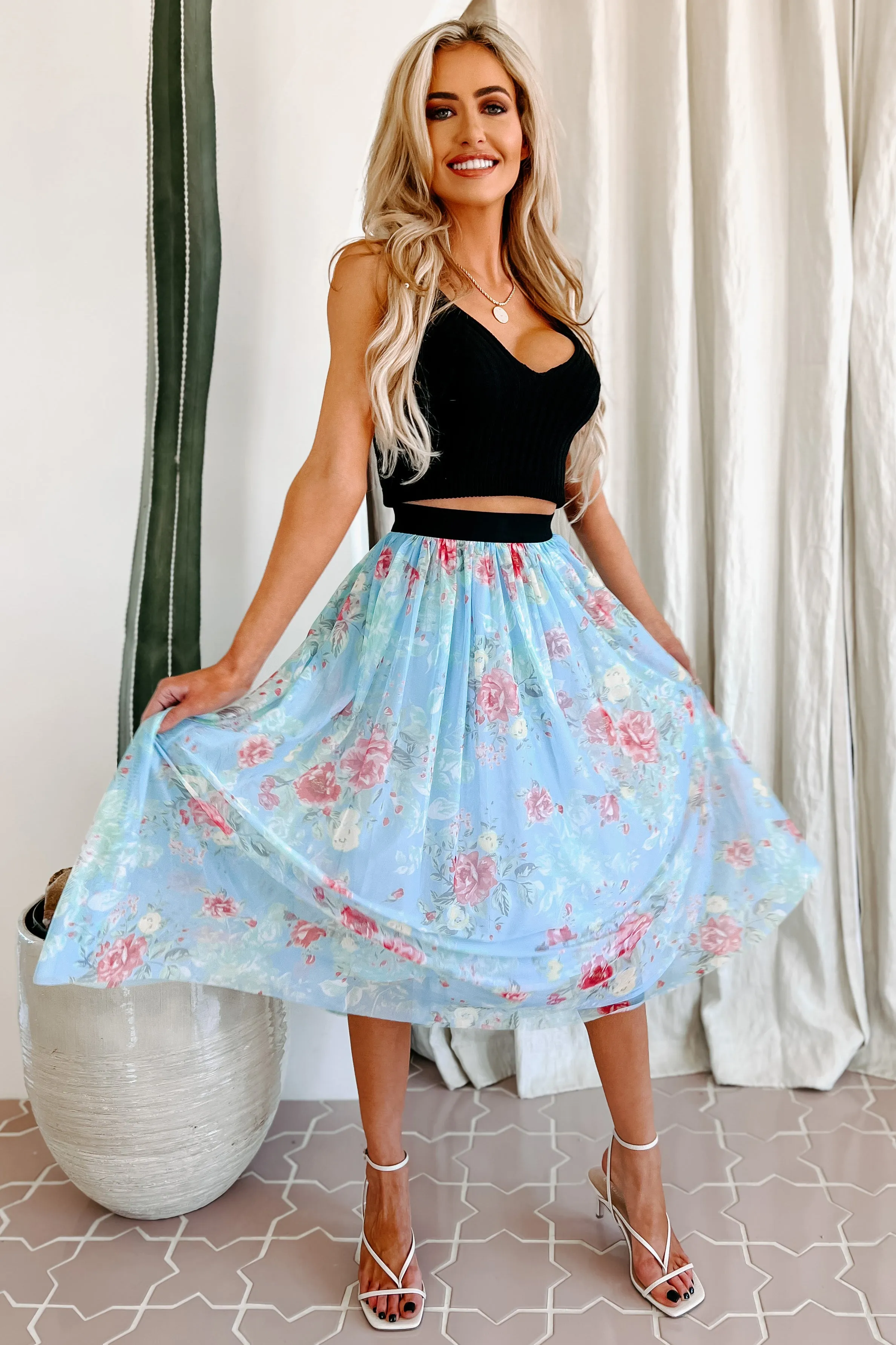 Floral Fixation Floral Midi Skirt (Blue)