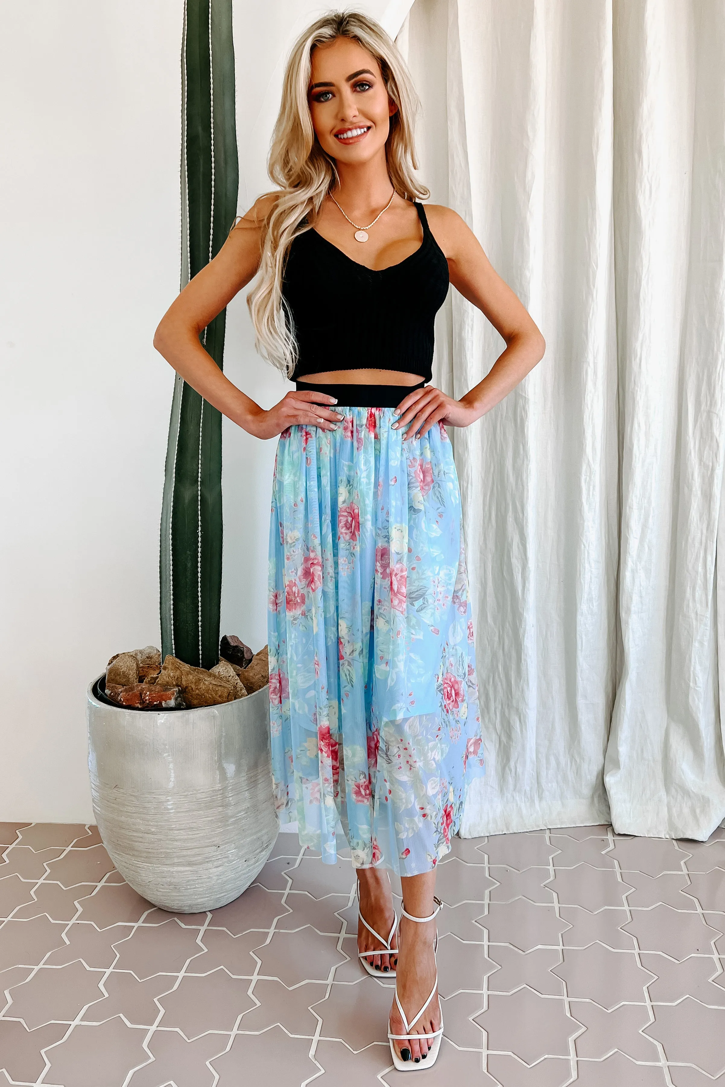 Floral Fixation Floral Midi Skirt (Blue)