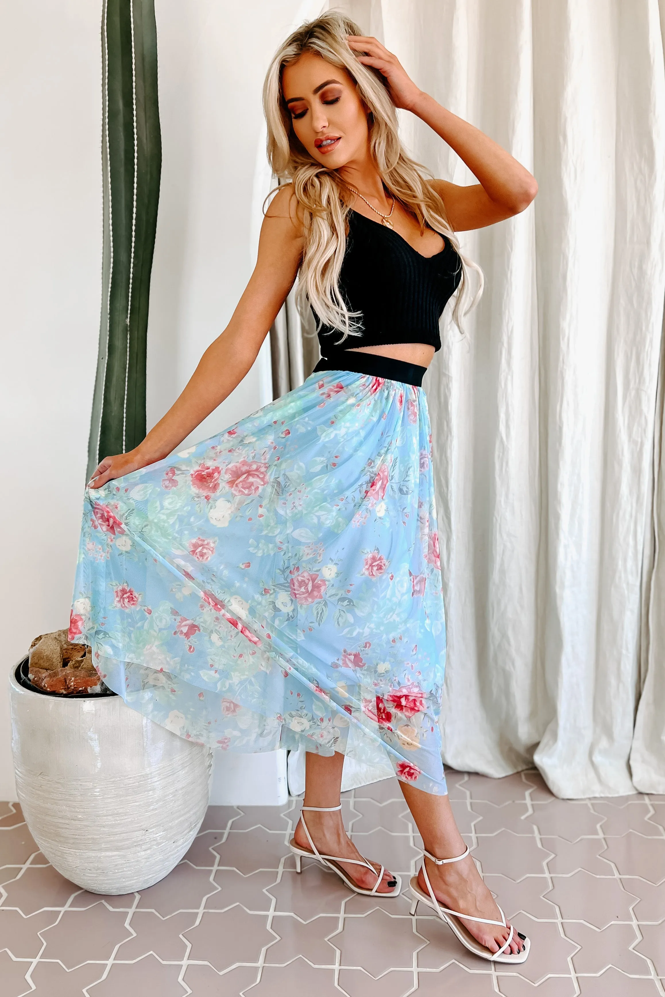 Floral Fixation Floral Midi Skirt (Blue)