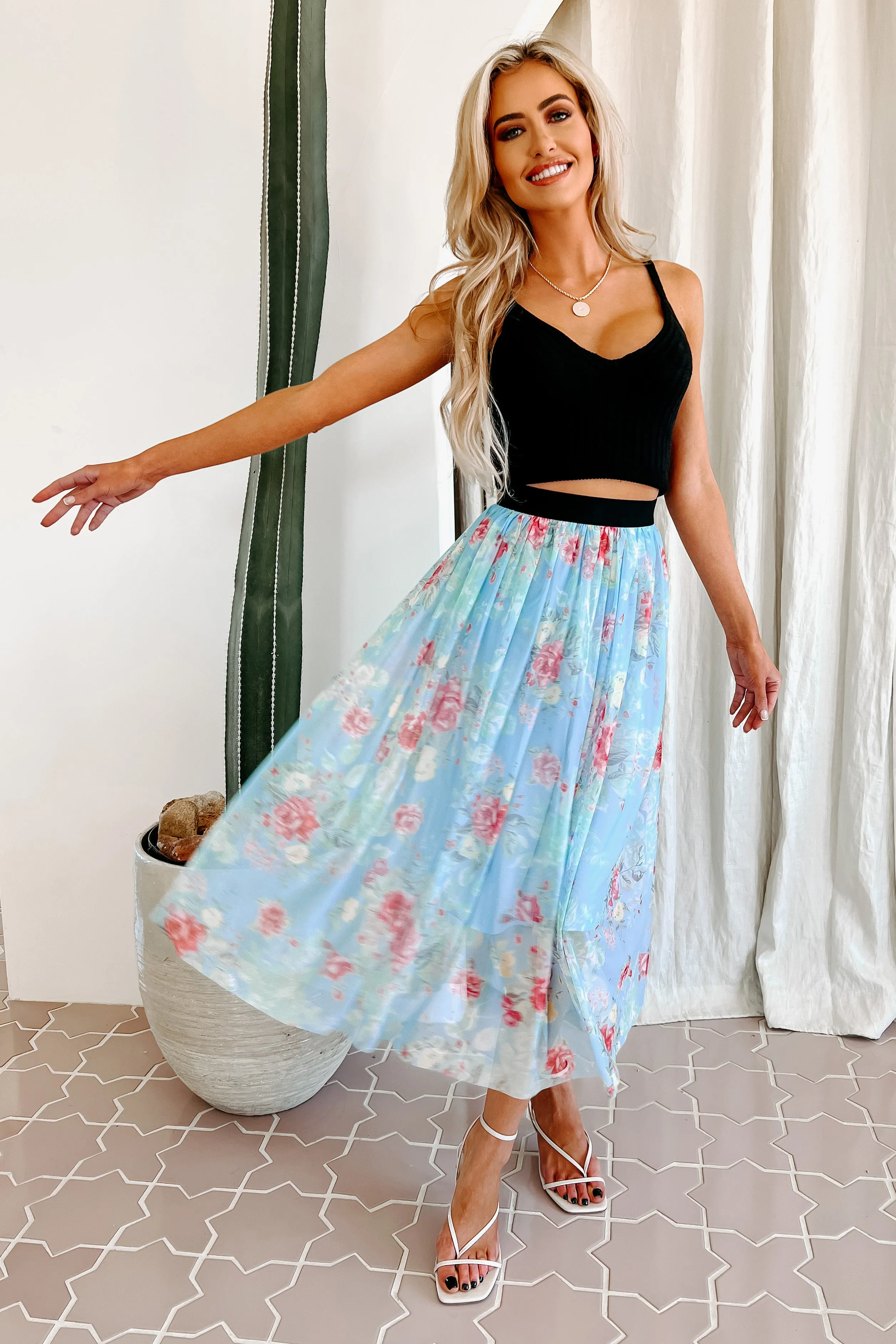 Floral Fixation Floral Midi Skirt (Blue)