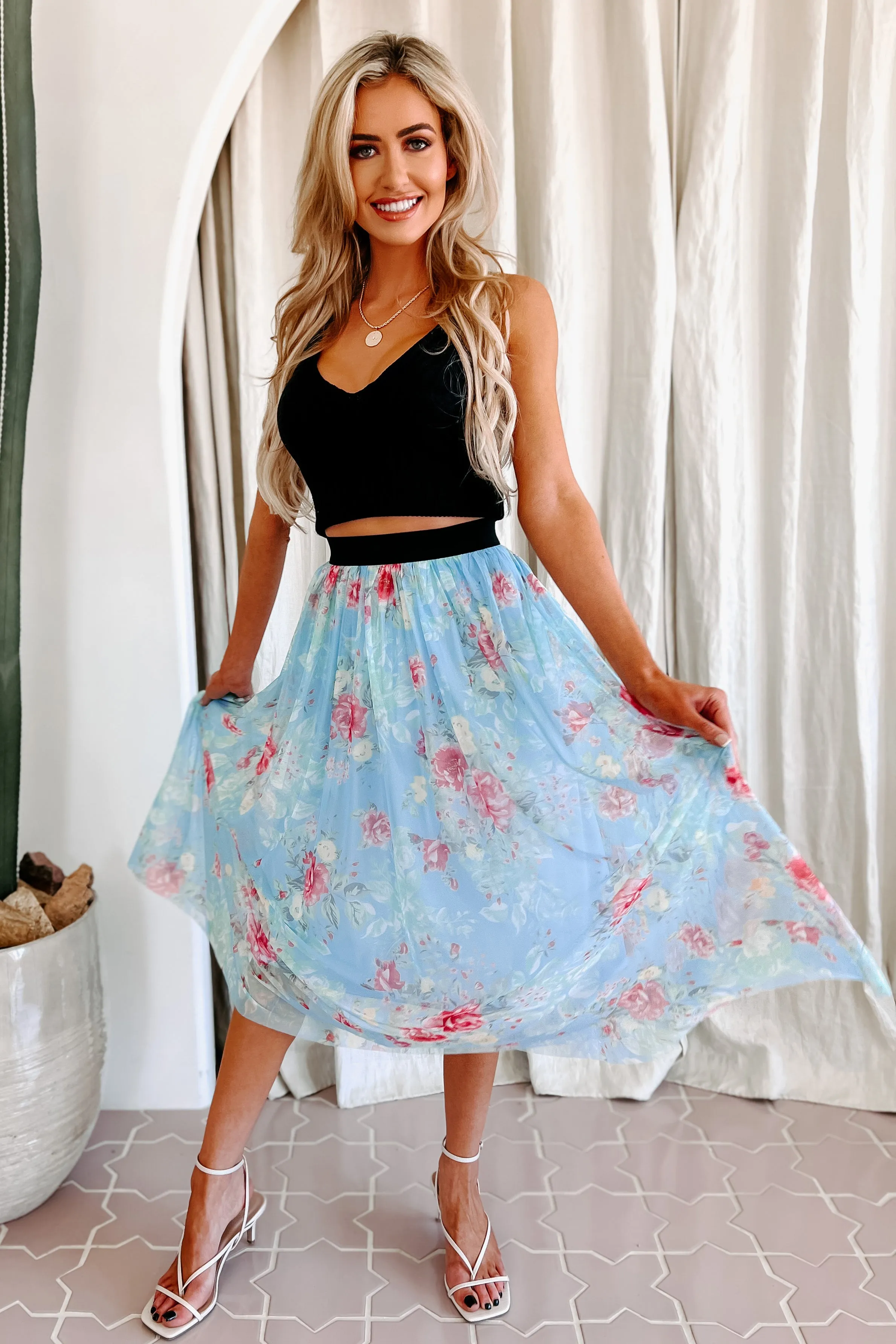 Floral Fixation Floral Midi Skirt (Blue)