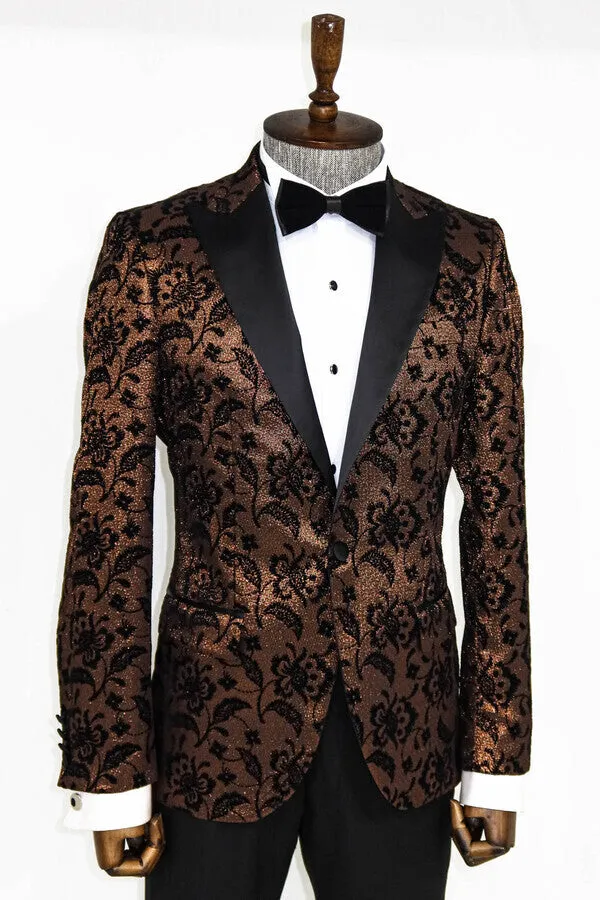 Floral Patterned Peak Lapel Gold Men Singer Party Blazer - Wessi