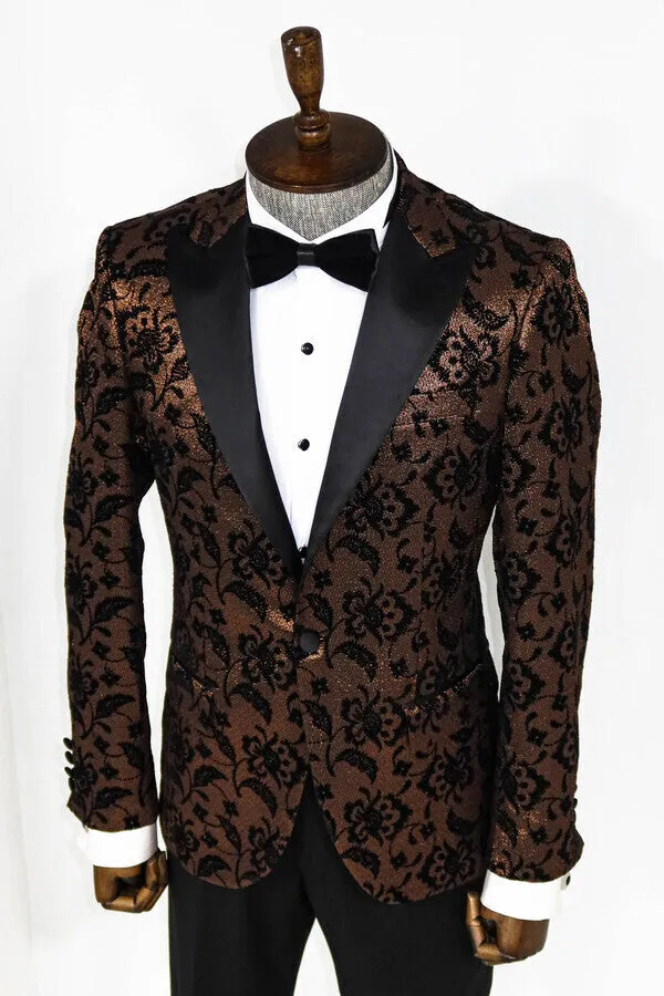 Floral Patterned Peak Lapel Gold Men Singer Party Blazer - Wessi