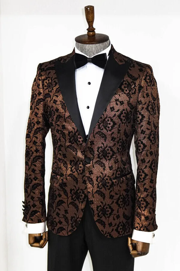 Floral Patterned Peak Lapel Gold Men Singer Party Blazer - Wessi