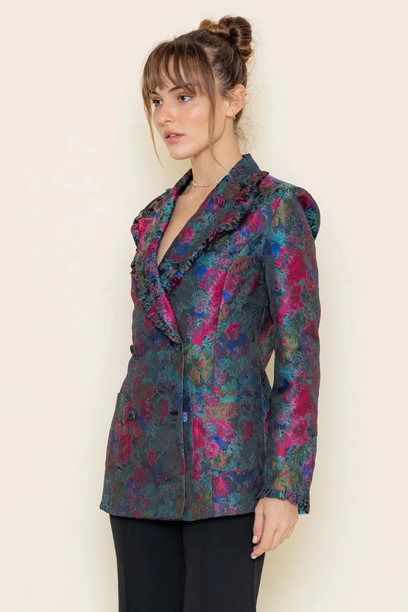 Floral Print Ruffle Collar Hem Long Sleeve BLAZER