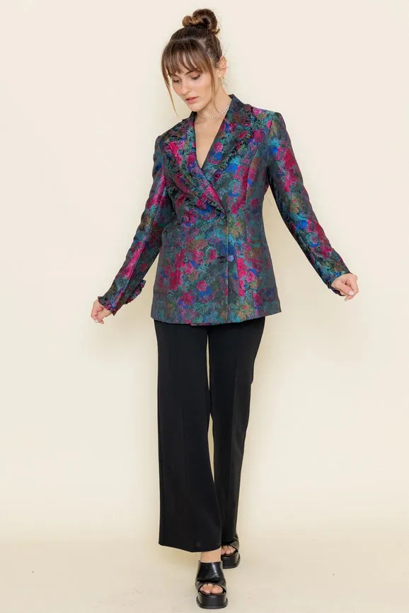 Floral Print Ruffle Collar Hem Long Sleeve BLAZER