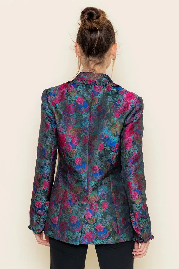 Floral Print Ruffle Collar Hem Long Sleeve BLAZER