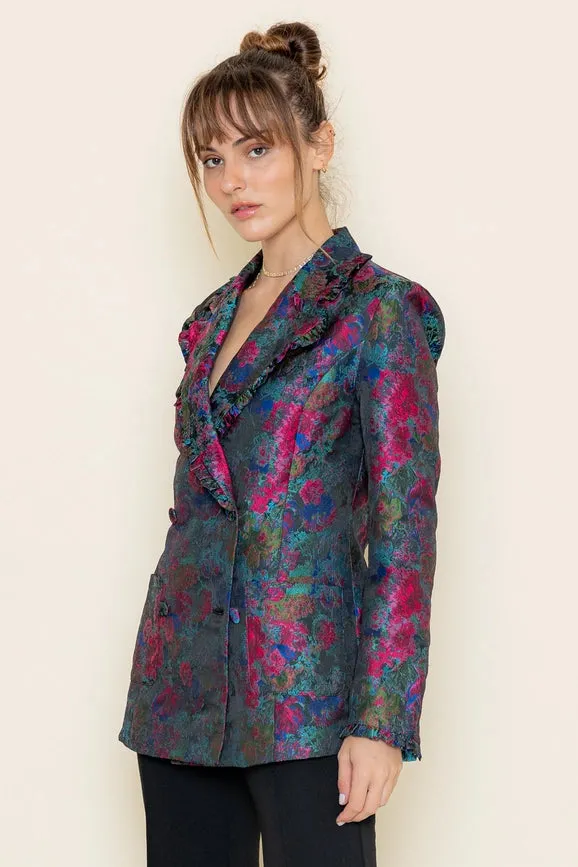 Floral Print Ruffle Collar Hem Long Sleeve BLAZER